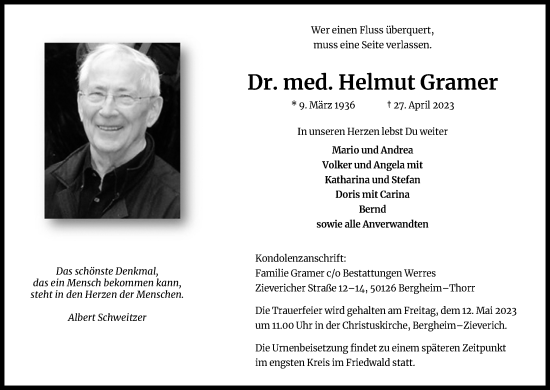 Anzeige von Helmut Gramer von Kölner Stadt-Anzeiger / Kölnische Rundschau / Express