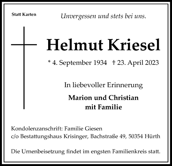 Anzeige von Helmut Kriesel von Kölner Stadt-Anzeiger / Kölnische Rundschau / Express