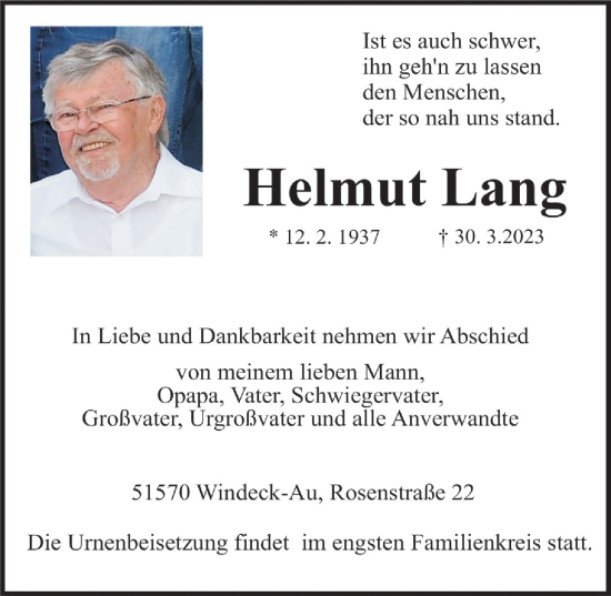 Anzeige von Helmut Lang von  Lokalanzeiger 