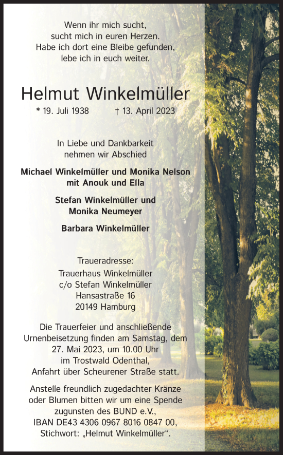 Anzeige von Helmut Winkelmüller von Kölner Stadt-Anzeiger / Kölnische Rundschau / Express