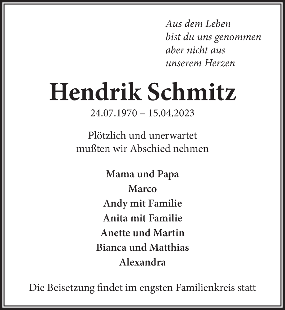 Traueranzeige für Hendrik Schmitz vom 21.04.2023 aus  Bergisches Handelsblatt 