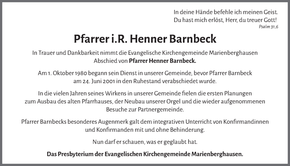  Traueranzeige für Henner Barnbeck vom 31.03.2023 aus  Lokalanzeiger 