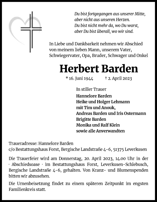 Anzeige von Herbert Barden von Kölner Stadt-Anzeiger / Kölnische Rundschau / Express