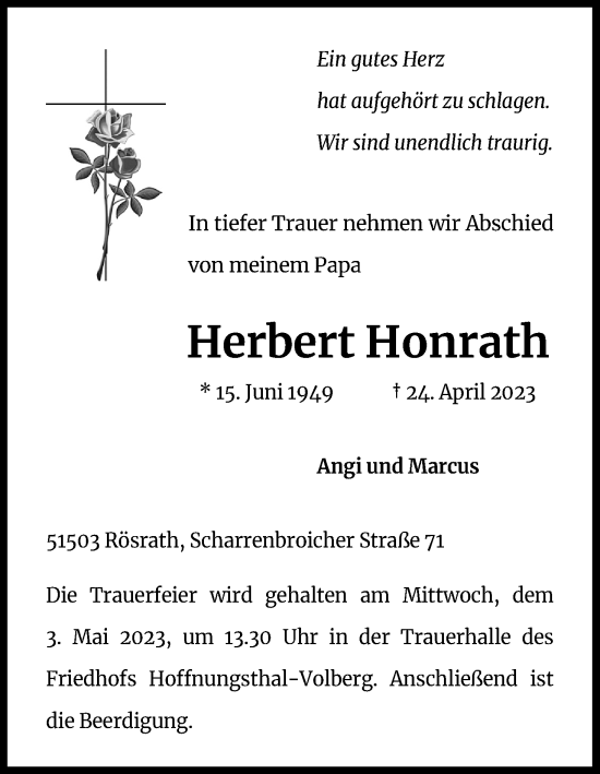 Anzeige von Herbert Honrath von Kölner Stadt-Anzeiger / Kölnische Rundschau / Express