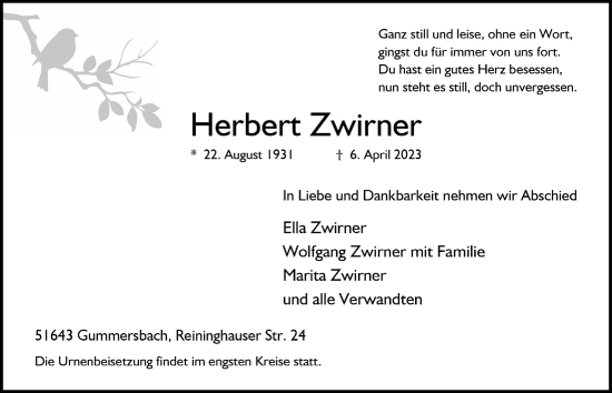 Anzeige von Herbert Zwirner von  Anzeigen Echo 