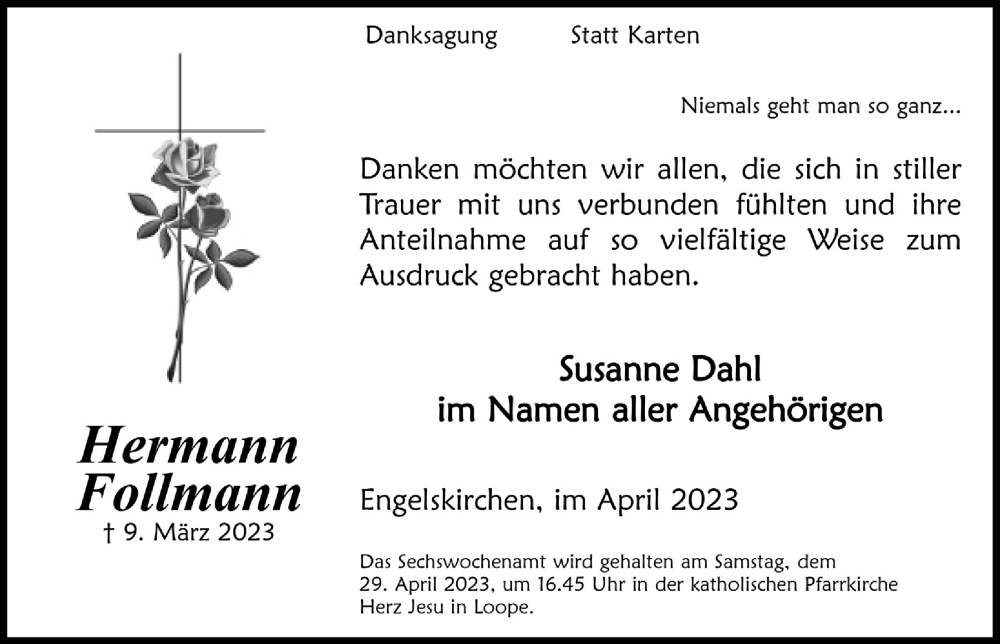  Traueranzeige für Hermann Follmann vom 21.04.2023 aus  Anzeigen Echo 