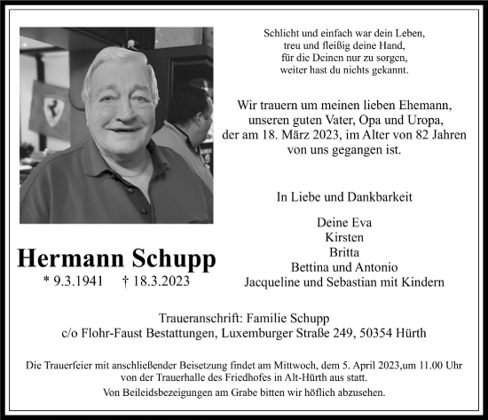 Anzeige von Hermann Schupp von  Wochenende 