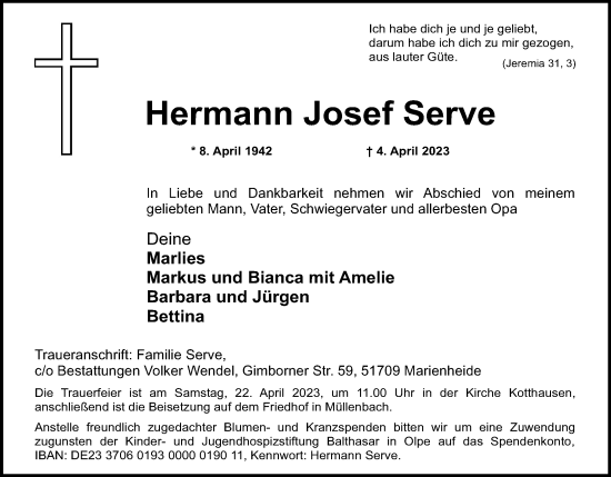 Anzeige von Hermann Josef Serve von Kölner Stadt-Anzeiger / Kölnische Rundschau / Express