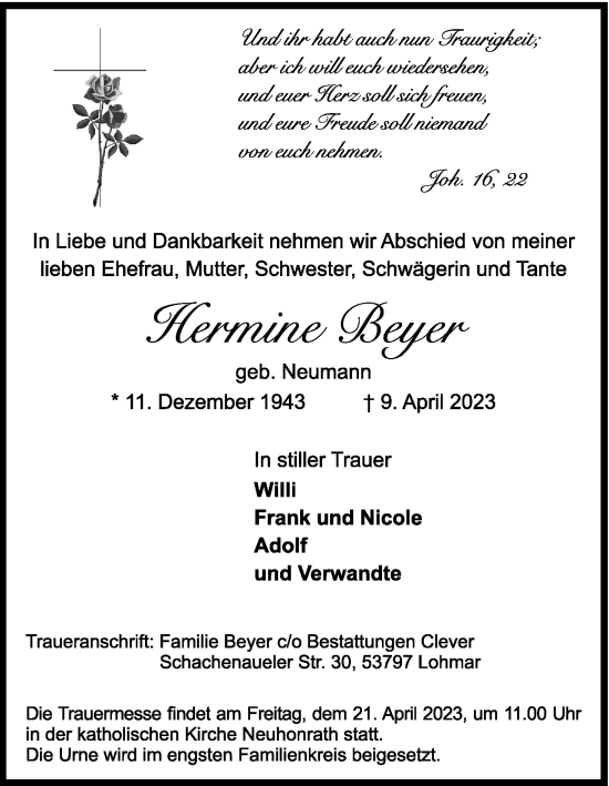 Anzeige von Hermine Beyer von Kölner Stadt-Anzeiger / Kölnische Rundschau / Express