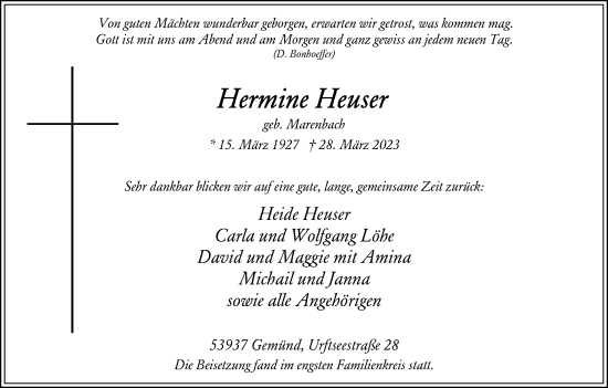 Anzeige von Hermine Heuser von Kölner Stadt-Anzeiger / Kölnische Rundschau / Express