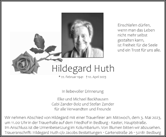 Anzeige von Hildegard Huth von  Werbepost 