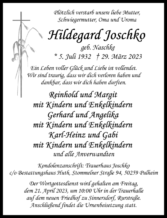 Anzeige von Hildegard Joschko von  Wochenende 