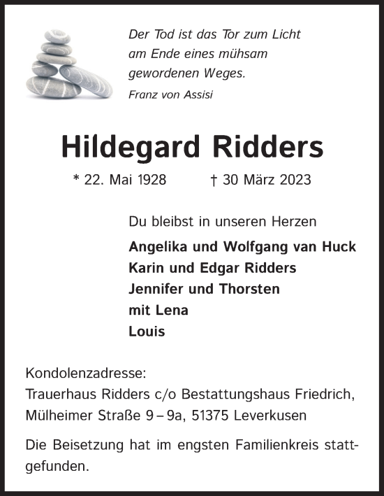 Anzeige von Hildegard Ridders von Kölner Stadt-Anzeiger / Kölnische Rundschau / Express