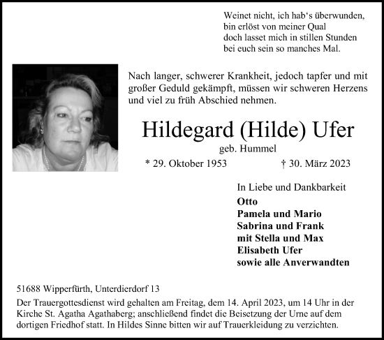 Anzeige von Hildegard Ufer von Kölner Stadt-Anzeiger / Kölnische Rundschau / Express