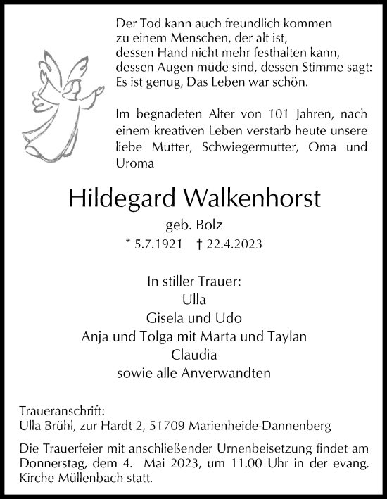 Anzeige von Hildegard Walkenhorst von Kölner Stadt-Anzeiger / Kölnische Rundschau / Express
