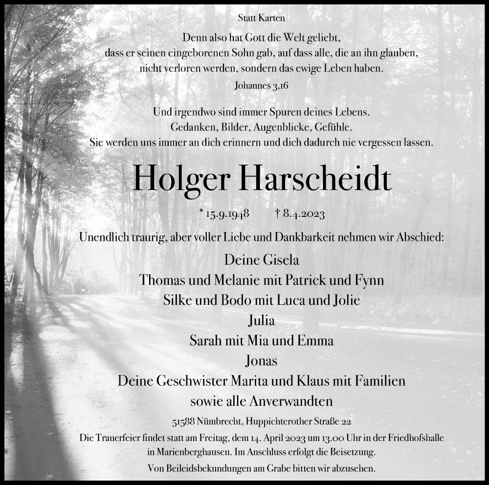  Traueranzeige für Holger Harscheidt vom 12.04.2023 aus Kölner Stadt-Anzeiger / Kölnische Rundschau / Express