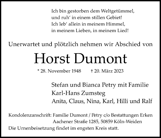 Anzeige von Horst Dumont von Kölner Stadt-Anzeiger / Kölnische Rundschau / Express