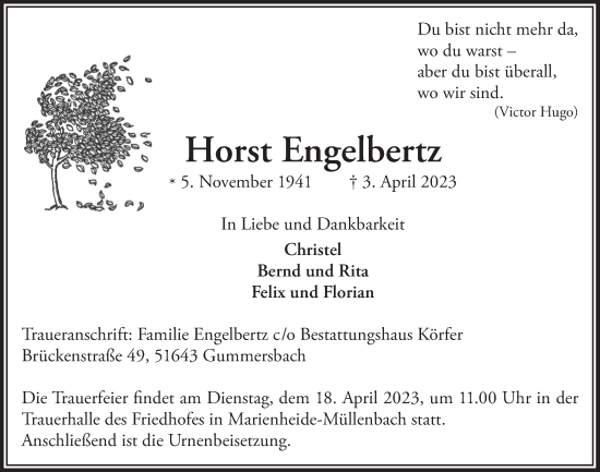 Anzeige von Horst Engelbertz von  Anzeigen Echo 