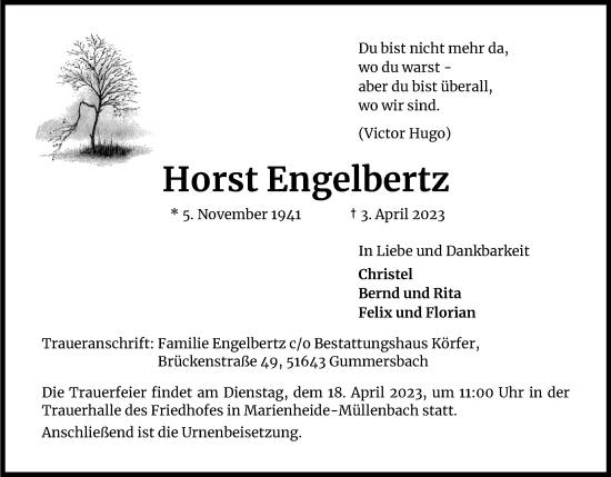 Anzeige von Horst Engelbertz von Kölner Stadt-Anzeiger / Kölnische Rundschau / Express