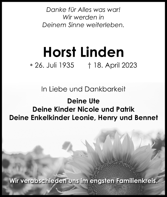 Anzeige von Horst Linden von Kölner Stadt-Anzeiger / Kölnische Rundschau / Express