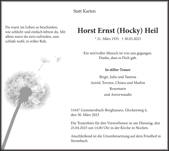 Anzeige von Horst Ernst Heil von  Anzeigen Echo 