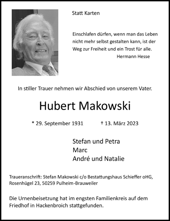 Anzeige von Hubert Makowski von  Wochenende 