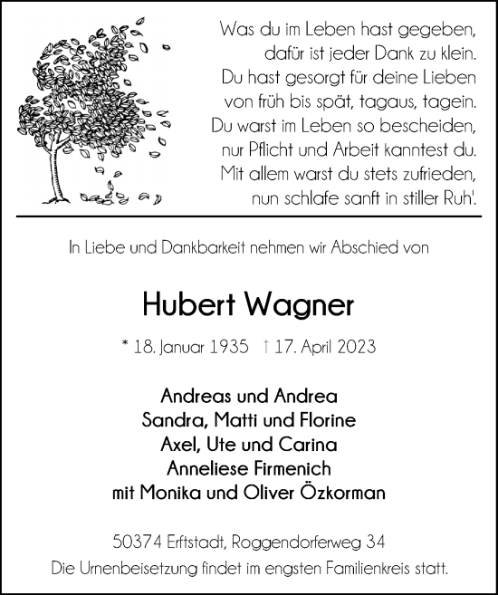 Anzeige von Hubert Wagner von  Wochenende 
