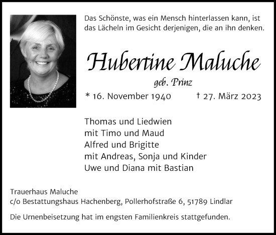 Anzeige von Hubertine Maluche von Kölner Stadt-Anzeiger / Kölnische Rundschau / Express