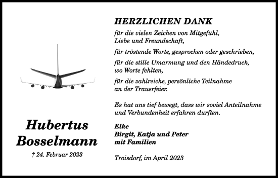 Anzeige von Hubertus Bosselmann von Kölner Stadt-Anzeiger / Kölnische Rundschau / Express