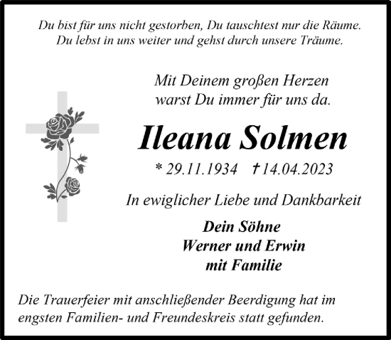 Anzeige von Ileana Solmen von  Anzeigen Echo 