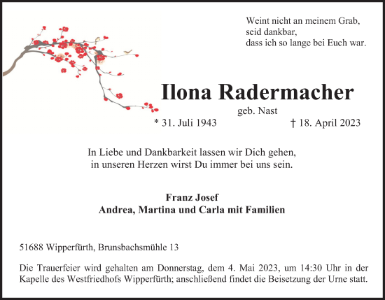 Anzeige von Ilona Radermacher von Kölner Stadt-Anzeiger / Kölnische Rundschau / Express