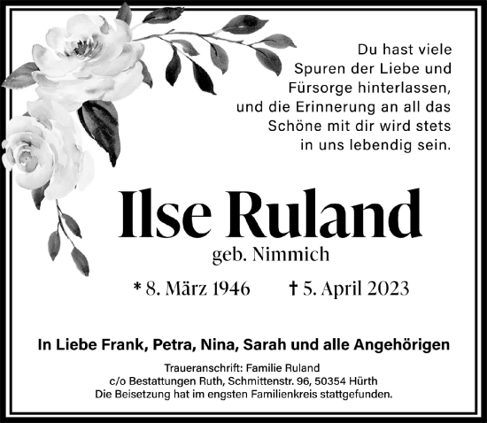 Anzeige von Ilse Ruland von  Wochenende 