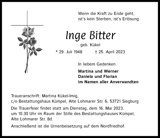 Anzeige von Inge Bitter von Kölner Stadt-Anzeiger / Kölnische Rundschau / Express