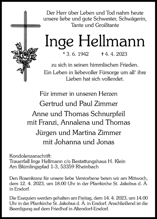 Anzeige von Inge Hellmann von Kölner Stadt-Anzeiger / Kölnische Rundschau / Express