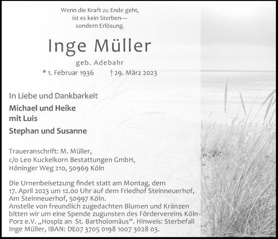Anzeige von Inge Müller von Kölner Stadt-Anzeiger / Kölnische Rundschau / Express