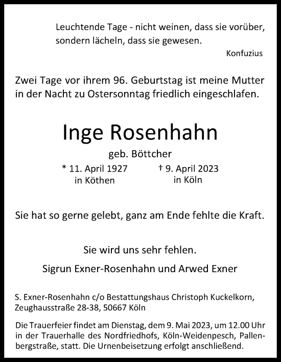 Anzeige von Inge Rosenhahn von Kölner Stadt-Anzeiger / Kölnische Rundschau / Express