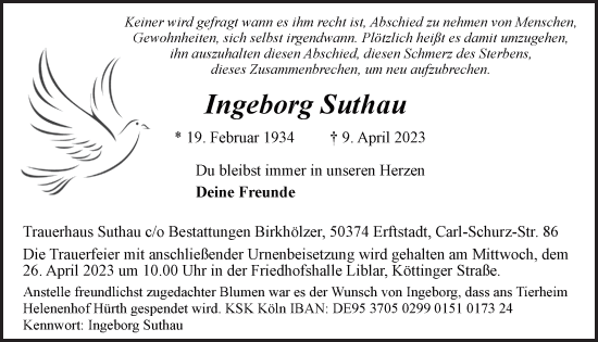 Anzeige von Ingeborg Suthau von  Werbepost 