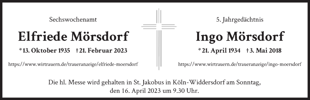  Traueranzeige für Ingo, Elfriede & Monika Mörsdorf vom 06.04.2023 aus  EXPRESS - Die Woche 