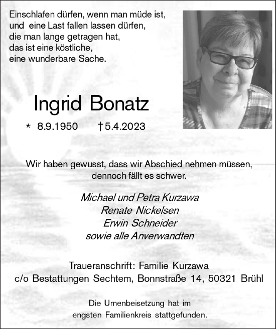 Anzeige von Ingrid Bonatz von  Schlossbote/Werbekurier 