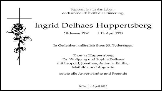 Anzeige von Ingrid Delhaes-Huppertsberg von Kölner Stadt-Anzeiger / Kölnische Rundschau / Express