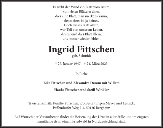 Anzeige von Ingrid Fittschen von  Werbepost 