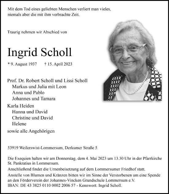 Anzeige von Ingrid Scholl von  Blickpunkt Euskirchen 