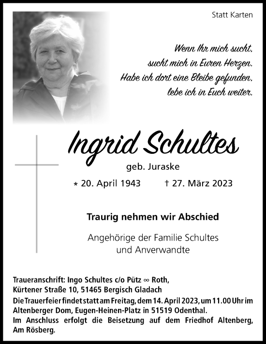 Anzeige von Ingrid Schultes von Kölner Stadt-Anzeiger / Kölnische Rundschau / Express