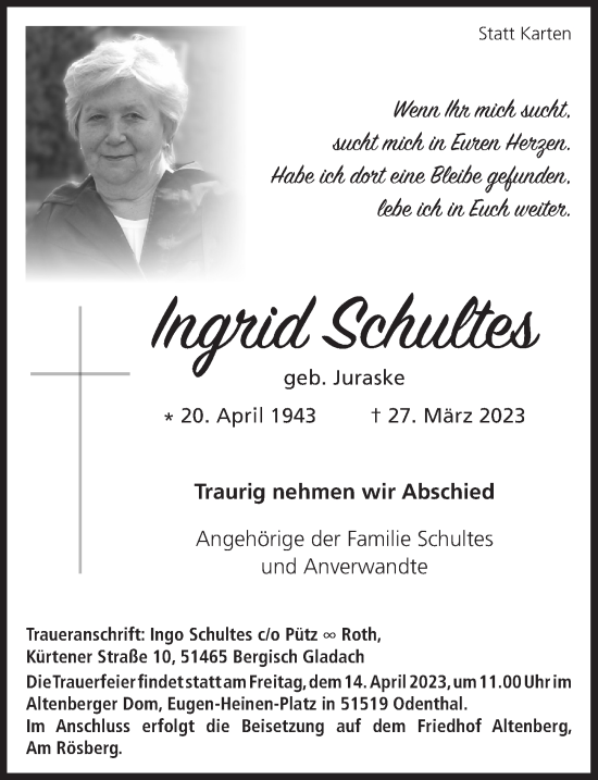 Anzeige von Ingrid Schultes von  Bergisches Handelsblatt 