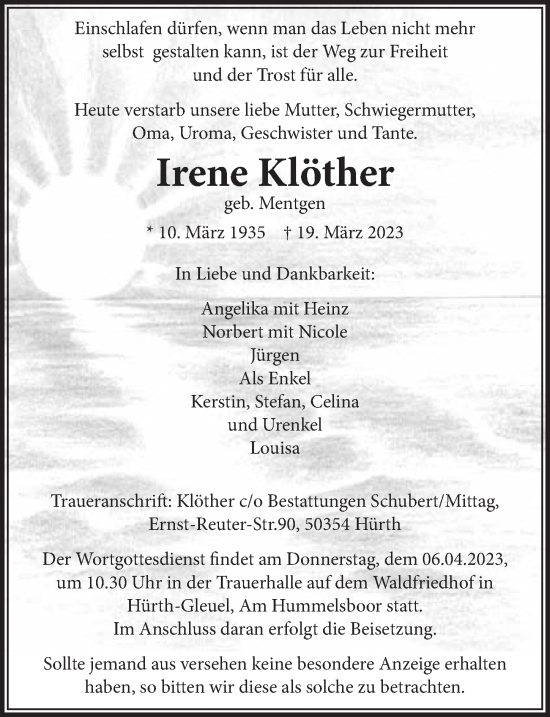 Anzeige von Irene Klöther von  Wochenende 
