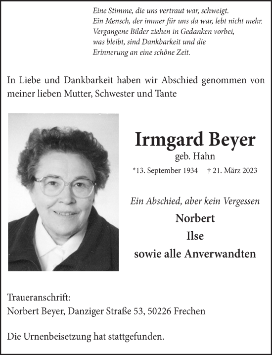 Anzeige von Irmgard Beyer von  Wochenende 