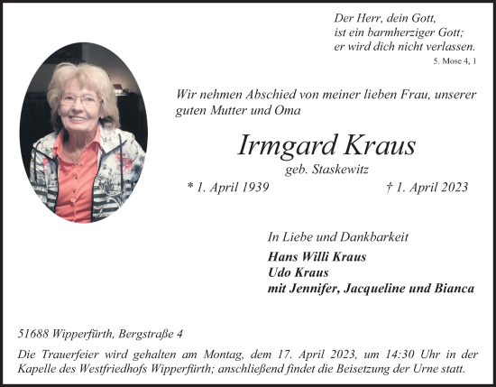 Anzeige von Irmgard Kraus von Kölner Stadt-Anzeiger / Kölnische Rundschau / Express