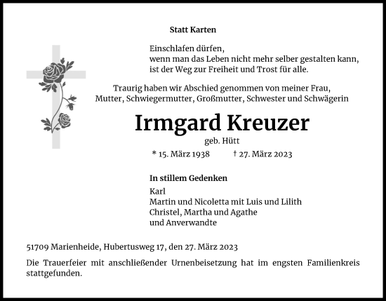 Anzeige von Irmgard Kreuzer von Kölner Stadt-Anzeiger / Kölnische Rundschau / Express