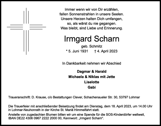 Anzeige von Irmgard Scharn von Kölner Stadt-Anzeiger / Kölnische Rundschau / Express