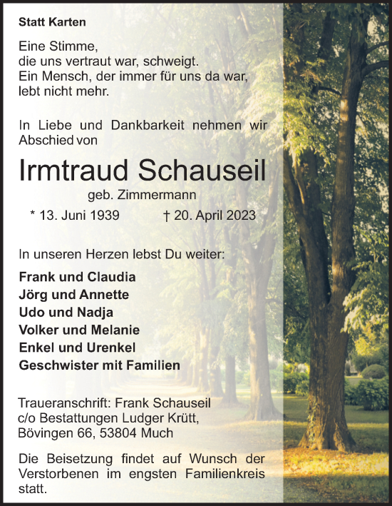 Anzeige von Irmtraud Schauseil von Kölner Stadt-Anzeiger / Kölnische Rundschau / Express